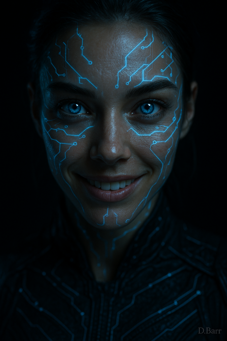 A visionary woman with glowing blue circuits on her face, representing the human-AI partnership at the heart of modern content strategy and Generative Engine Optimization (GEO).