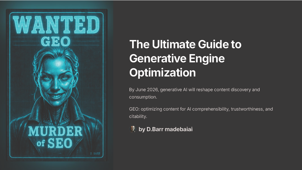 Title slide for The Ultimate Guide to Generative Engine Optimization, featuring a 'WANTED' poster for GEO, humorously labeling it the 'murderer' of traditional SEO.