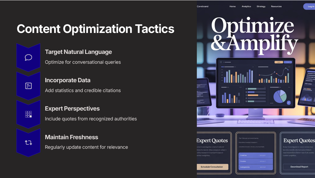 A list of key GEO content tactics: targeting natural language, incorporating data, including expert perspectives, and maintaining content freshness. An accompanying graphic shows a dashboard to 'Optimize & Amplify'.