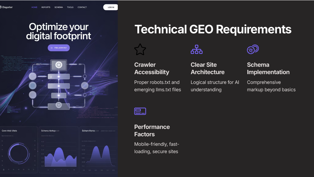 An overview of technical GEO requirements, including crawler accessibility via robots.txt, clear site architecture, comprehensive schema implementation, and site performance factors.