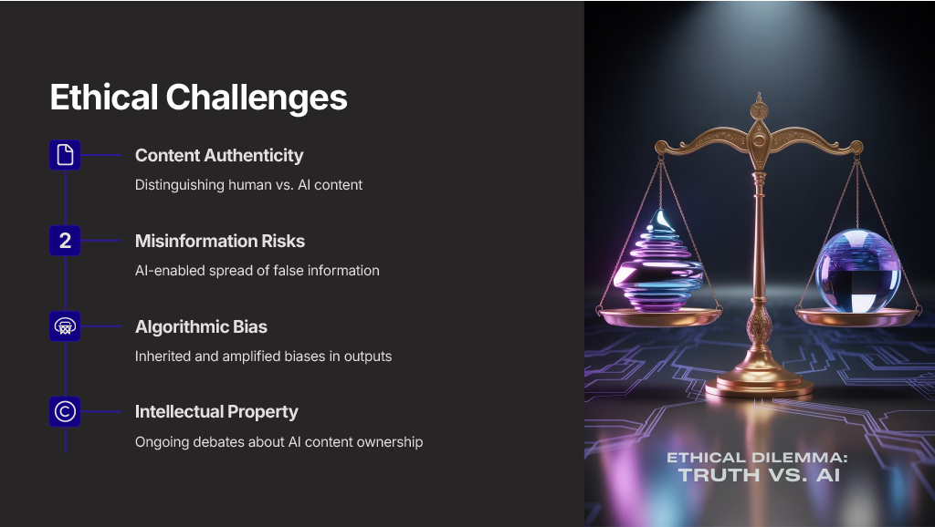 Summary of ethical challenges in GEO, listing content authenticity, misinformation, algorithmic bias, and intellectual property. An image of scales of justice weighs truth against AI.