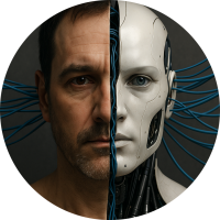 A close up headshot of a half-human android hybrid. One half of each face come together in the center, giving the appearance of a single face physically divided, but cohesive. Blue network cables appear between each half, and extend into the background. Madebai.ai